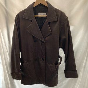 Leather jacket women coat Brown Thigh length Tie Belt Size S Good condition